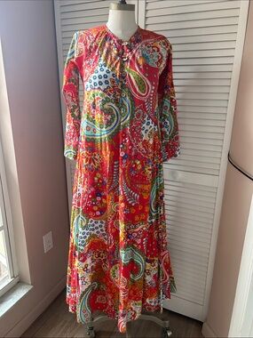 Vibrant handmade boho Red Paisley Long-Sleeve Maxi Dress pool resort vacation S